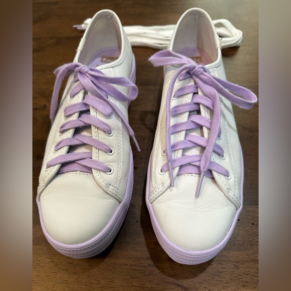 Keds Kate Spade Women’s Size 9 White, Purple and Gold Platform Sneakers.